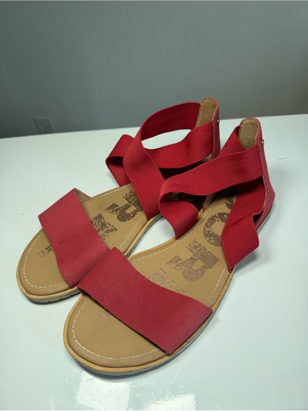SOREL Ella Leather & Elastic Ankle Strap Flat Sandals Red / Coral 9